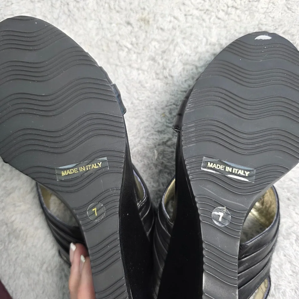 Amalfi by Rangoni Black Italian Leather Wedge Slingback Sandals 7M Italy‎ NEW